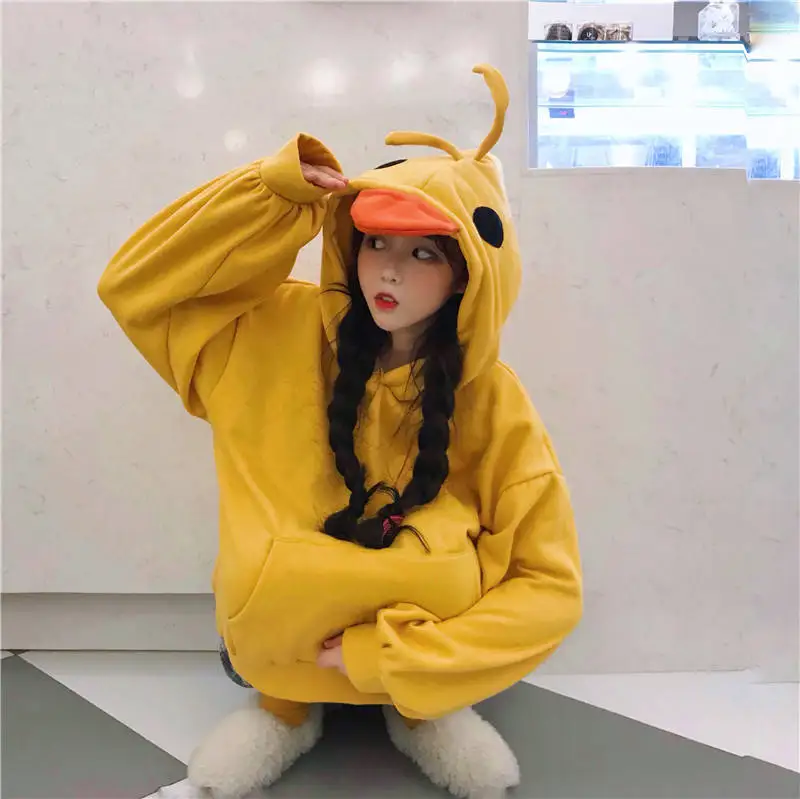 

Women Winter Warm Thick Velvet Harajuku Cute Cartoons Duck Hoodies Sweatshirt Loose Funny Kawaii Hooded Top Outwear Pullovers