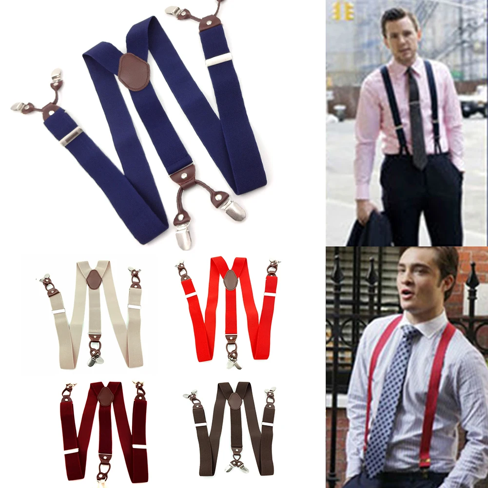 

Men Casual Accessories Across Vintage Leather Alloy Clip On Commercial Elastic Portable Suspenders