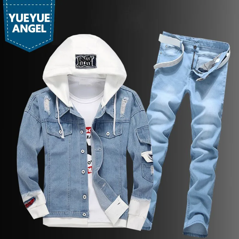 Casual Men Hooded Cowboy Jacket Zipper Jeans Two Piece Set Plus Size Street Single Breasted Hole Ripped Blue Denim Coat Suit