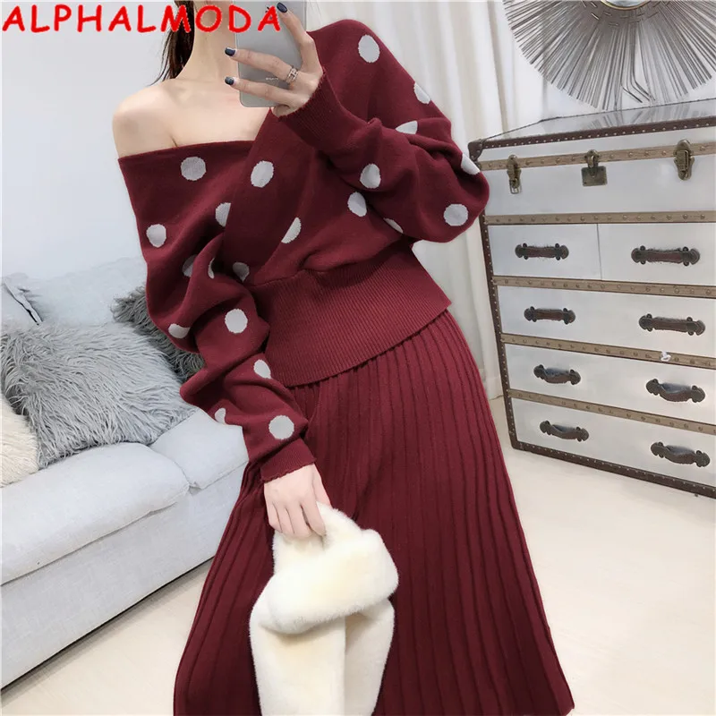 Женский вязаный костюм ALPHALMODA свитер в горошек с V образным вырезом и рукавом