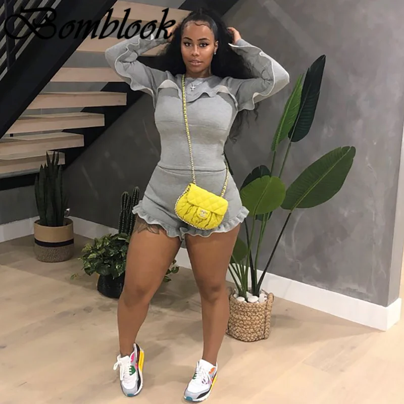 

Bomblook Casual Fashion Women's Suit Summer 2021 Solid Patchwork Long Sleeve Tops Zippering Shorts Sets Femme Sexy Streetwears