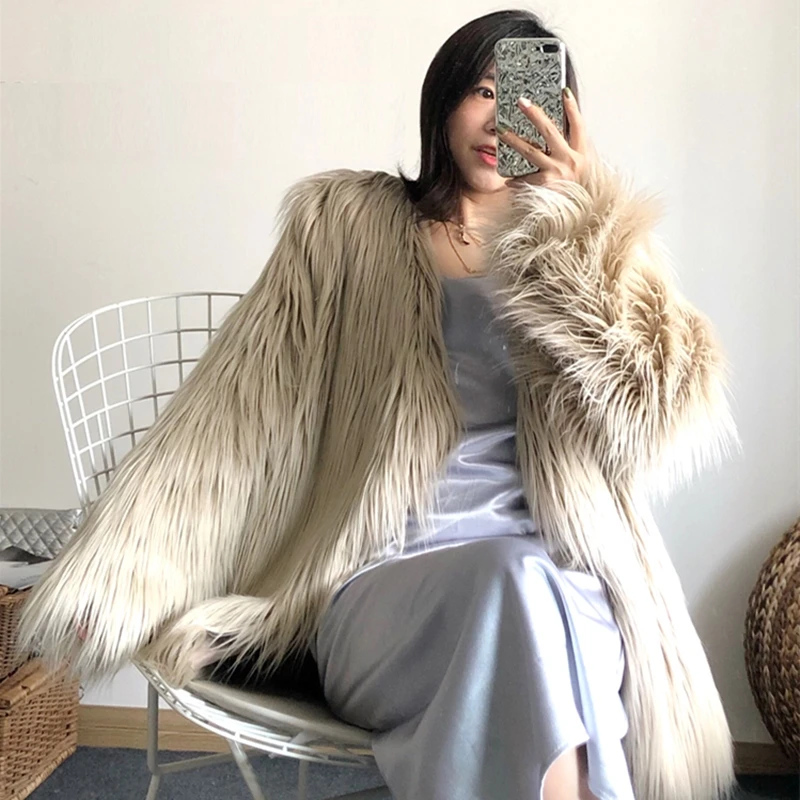 Меховое пальто женское пушистое теплое с длинным рукавом женская верхняя одежда