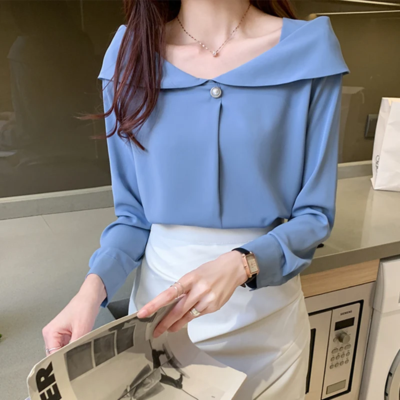 

LJSXLS 2021 весна осень модный топ элегантные блузки с воротником-лодочкой женские большие размеры с длинным рукавом синие шифоновые рубашки бл...