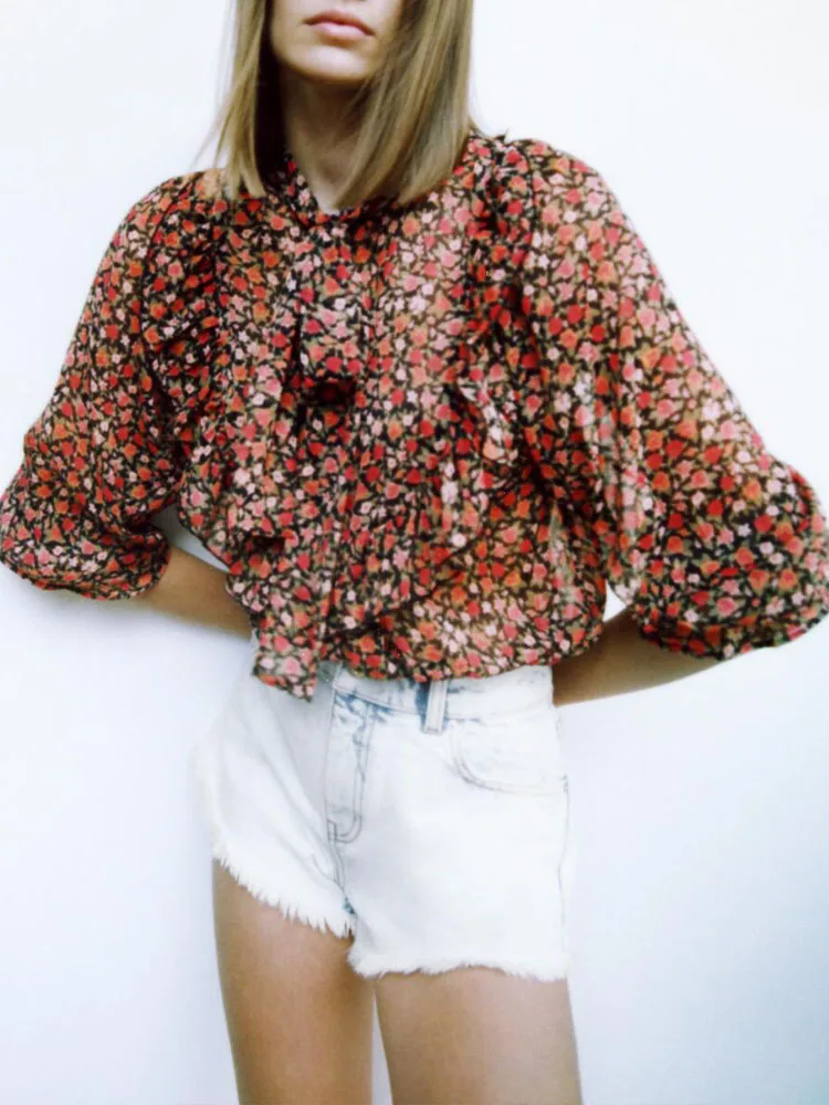 

Женская ламинированная рубашка ZA, ламинированная рубашка с цветочным принтом, рукавом в виде листа лотоса, воротником-стойкой и бантом, Нов...