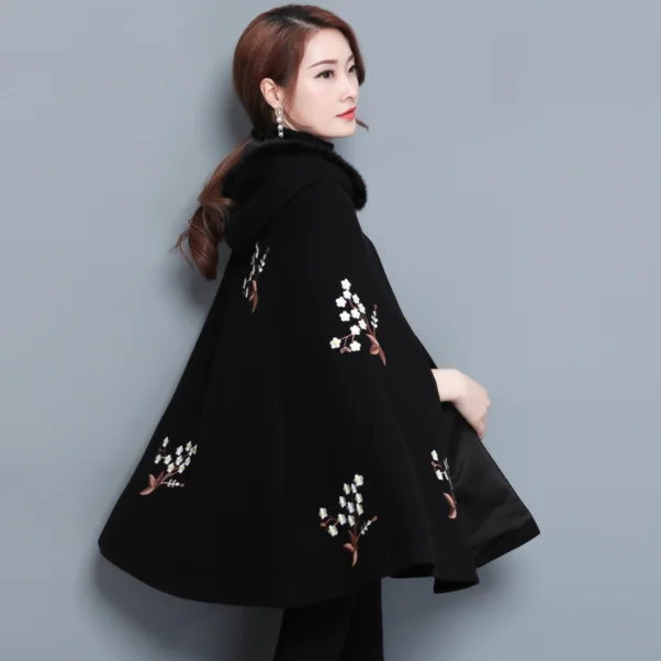 Черные накидки с капюшоном и вышивкой пончо для женщин винтажные осенне-зимние