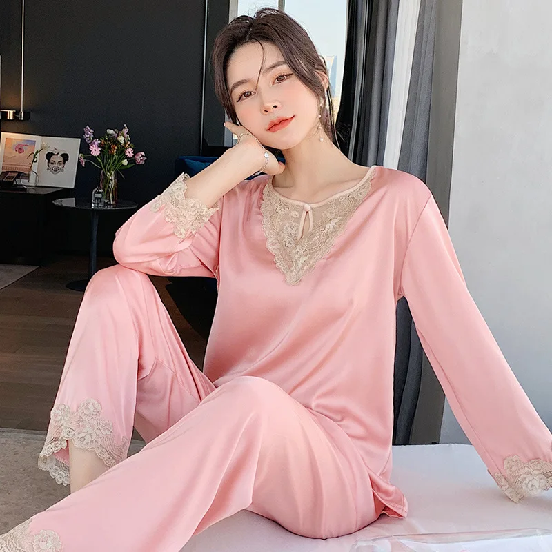 2021 Spring Women Satin Pajamas Nightwear With Lace Decoration Ladies Homewear Suit 2 Pieces a Set Top and Pants