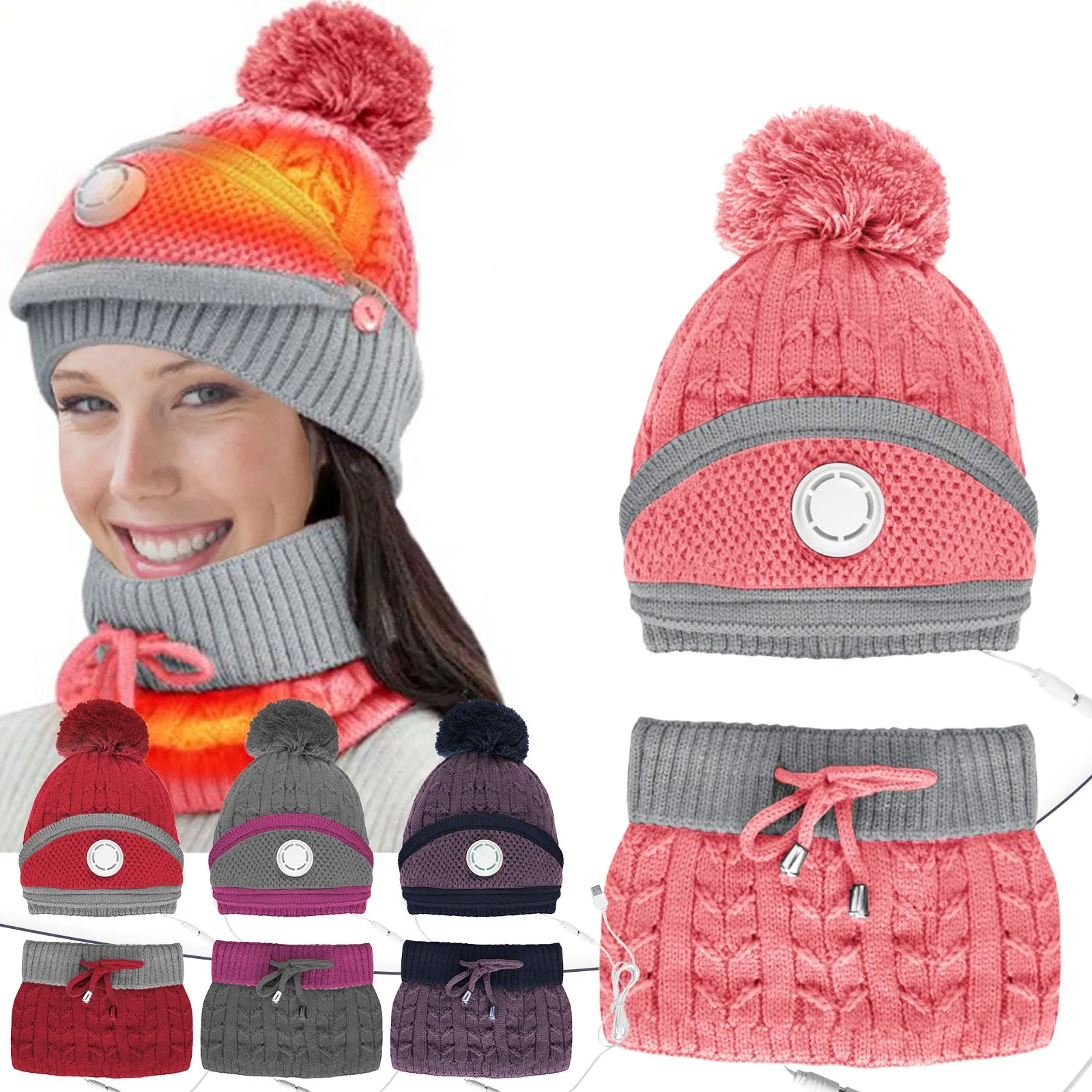

2pcs/set Knitted Scarf Hats Kids Turban Beanie Cotton Wool Fur Caps Children Girls Boys Elastic USB Heating Winter Soft Warm Hat