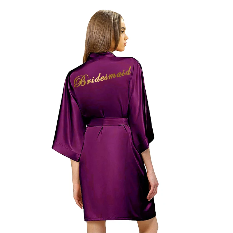 Purple Satin Robe Bride Bridesmaid Robes Rose Gold Dressing Robe for Women Short Bridal Robes Wedding Party Bathrobe Sleepwear