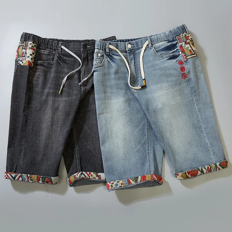 Мужские джинсовые шорты с вышивкой повседневные зауженные хлопковые