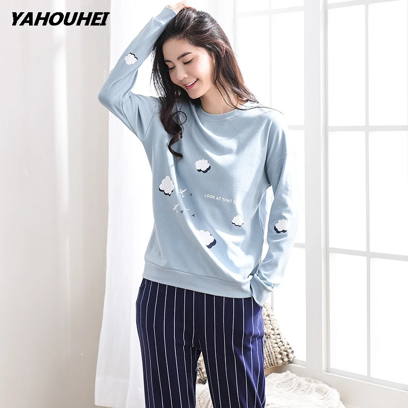 Осенне зимняя Пижама Femme милые хлопковые пижамы комплекты брюки в полоску