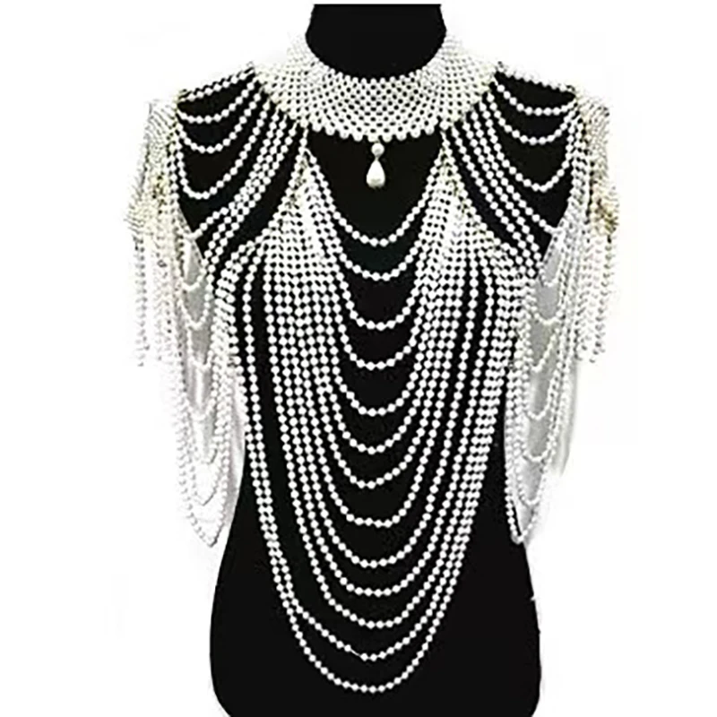 fashion tassel design handmade  Pearl shoulder chain big size necklace pearl-body-chain for women jewelry wedding dress accessor