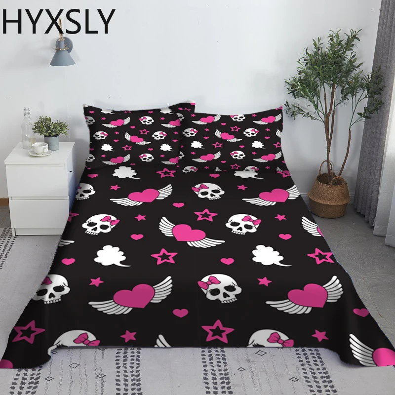 

Pink Heart Skull Bed Sheet Set 3D Printed Polyester Black Bed Flat Sheet With Pillowcase 2/3pcs Bed Linen King Queen Custom Size