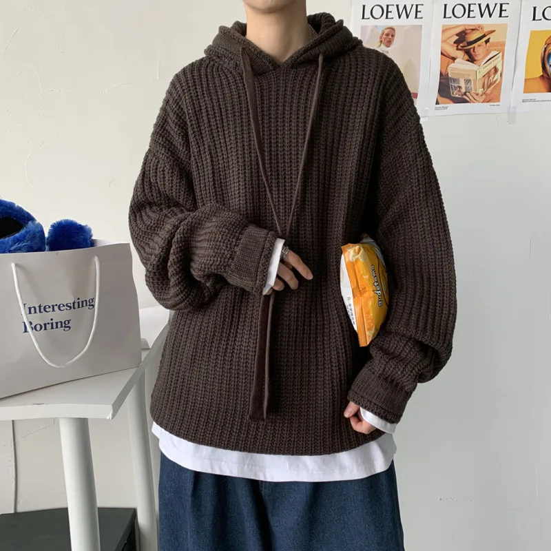 

Свитер с капюшоном, мужской теплый Модный повседневный вязаный пуловер, Мужская Уличная одежда, дикие свободные Корейские вязаные свитера, ...