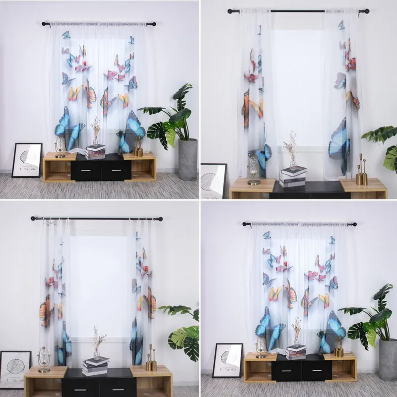 

Rod Pocket/Hook Sheer Curtain Voile Butterfly Printed Drapes Window Curtains Door Screen Panels for Bedroom Living Room 2 Panels