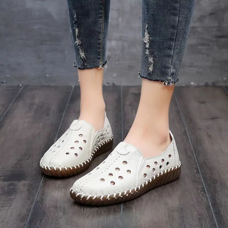 

Sewing Female Shoes for Woman leather Hollow Tenis Women Shoe 2021 Newly Summer Garden Loafers Ladies Genuine Leather Moccasins