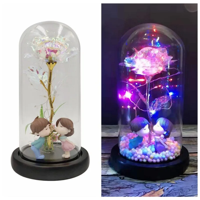 

AValentine's Day Wedding Anniversary Party Artificial Flower Rose Flower With LED String Light In Glass Dome On Wooden Base For