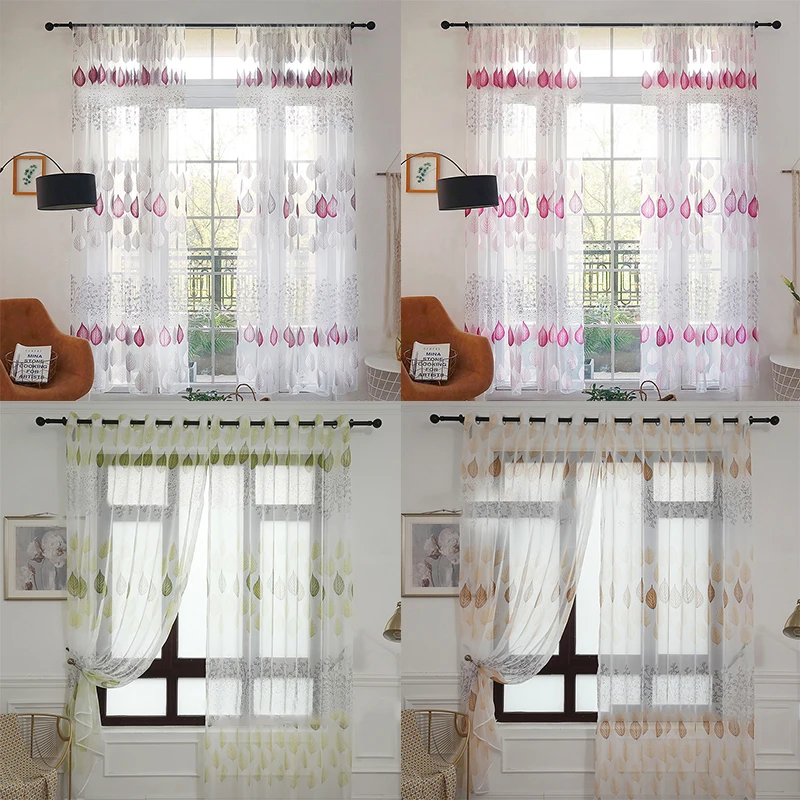 

Translucent Curtains Gauze Curtains Modern Home Textile Products Leaf Printing Voile Panel Drapes Curtains Living Room