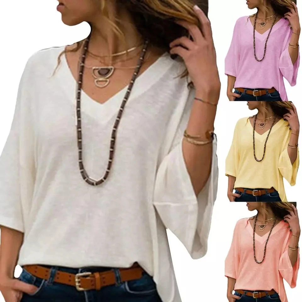 Блузка женская с полурукавами и V образным вырезом однотонная|Блузки| |