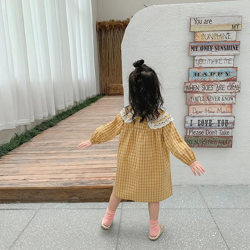 Baby Girls Plaid Dress Korean Style Autumn New Chic Children Princess Dresses Lace Collar Robe Toddlers Kids Clothes