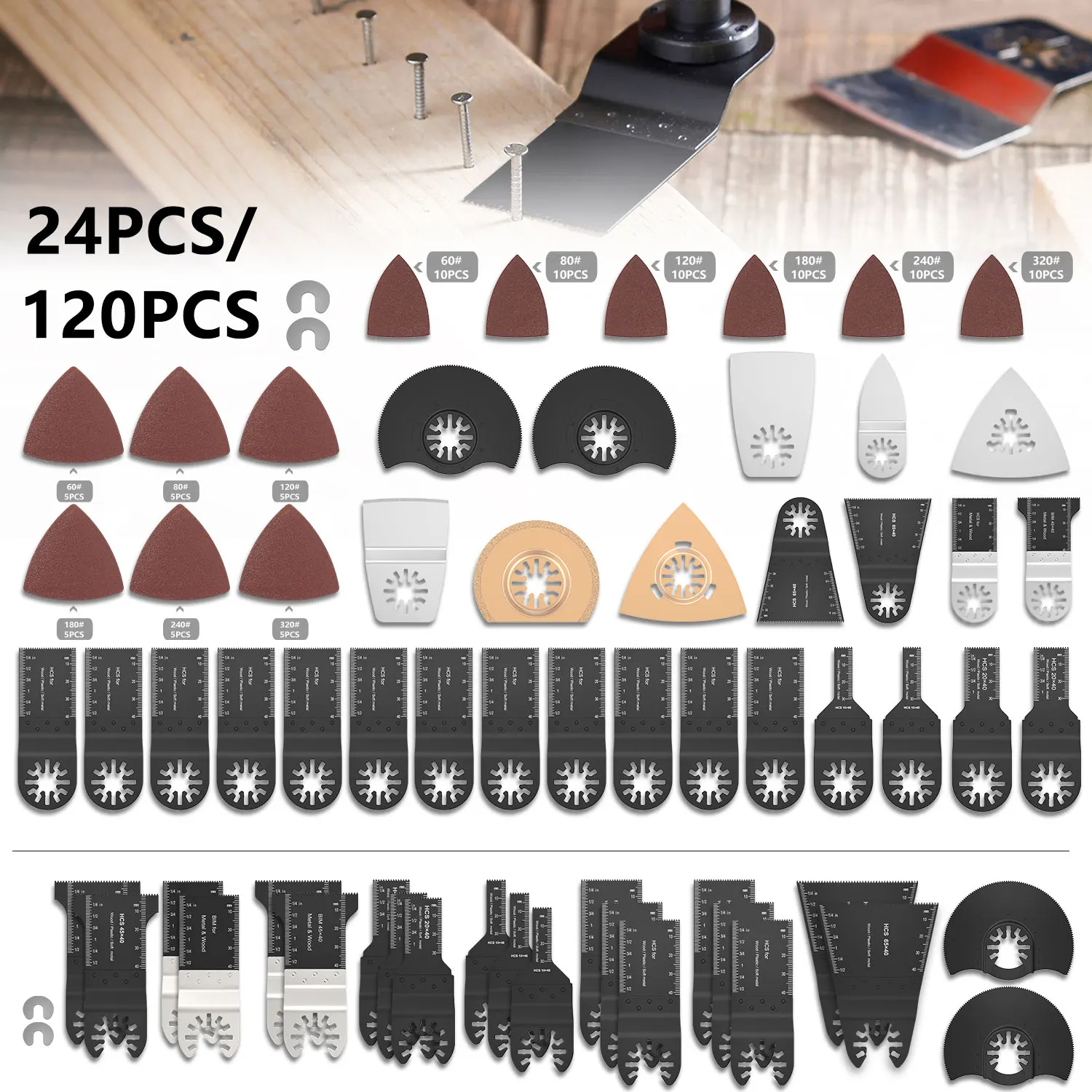 

24/120Pcs Oscillating Saw Blades Quick Release Multitool Wood Metal Cutter Power Accessories for Fein Multimaster,Dremel,Bosch