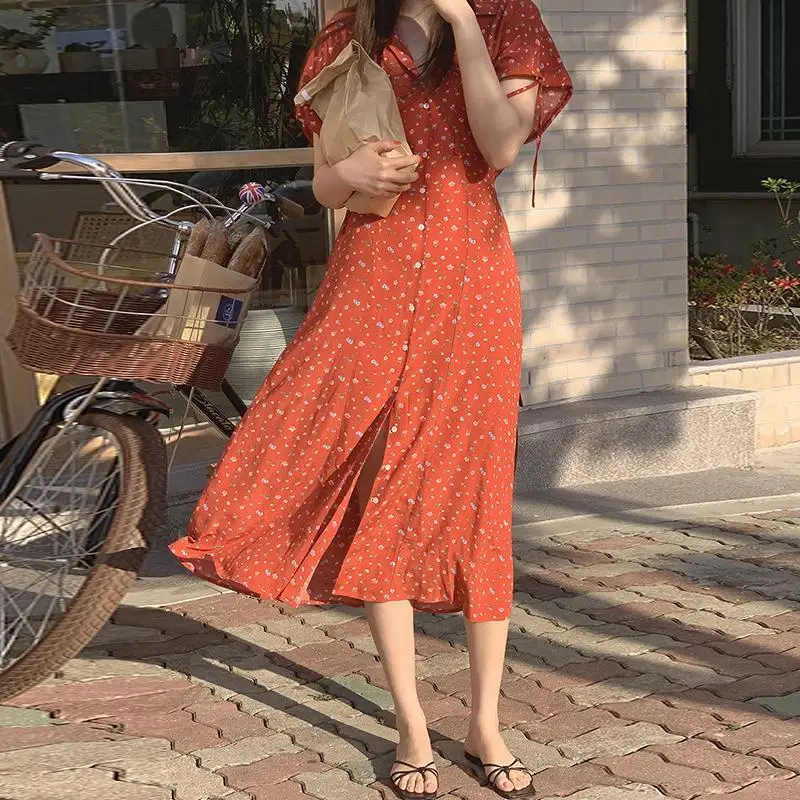 

Vintage Lapel Single-breasted Summer Dress Red Short Sleeve Elastic Waist Female Midi Women Dress Elegant A-line Casual