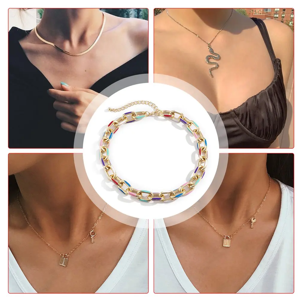 

Hip Hop Choker Necklace Collares Chain Link Vintage Punk Colorful Women Jewelry Neck Accessories Print Pendant