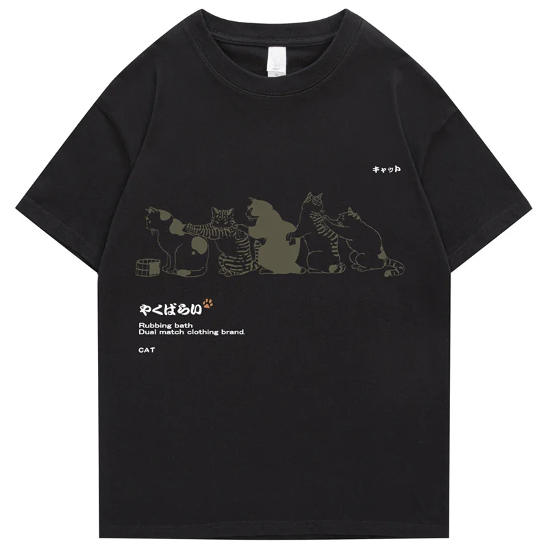 2022 Men Hip Hop T Shirt Streetwear Japanese Kanji Harajuku Funny Cat T-Shirt Summer Short Sleeve Tops Tees Cotton Print Tshirts