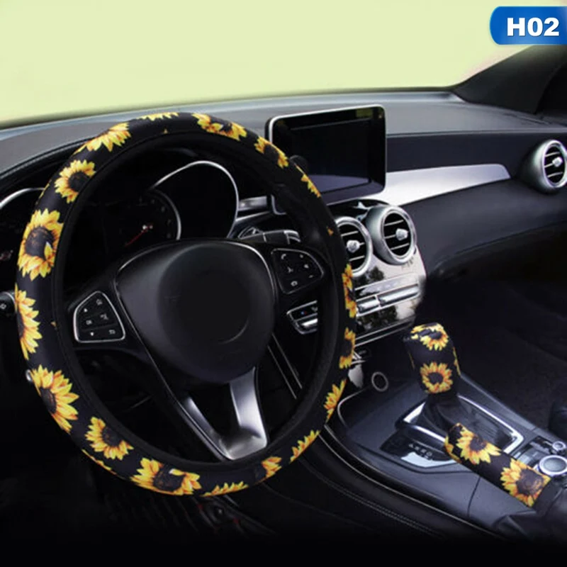 

Sunflower Printed Auto Steering Wheel Cover Breathable Anti-skid Handbrake Case and Car Gear Knod Cover Car Interior Supplies
