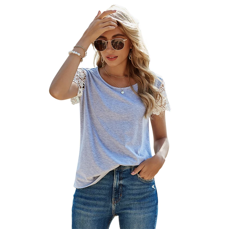 

Summer Feminine Short Sleeve Top Casual Lace Splicing Pullover Slim O Neck Tops Womens T Shirts