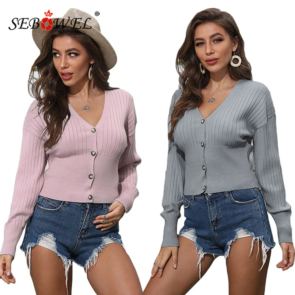 

Женский модный короткий вязаный кардиган SEBOWEL на пуговицах, топы, женские свитера, весна-осень 2020, женский свитер с длинным рукавом