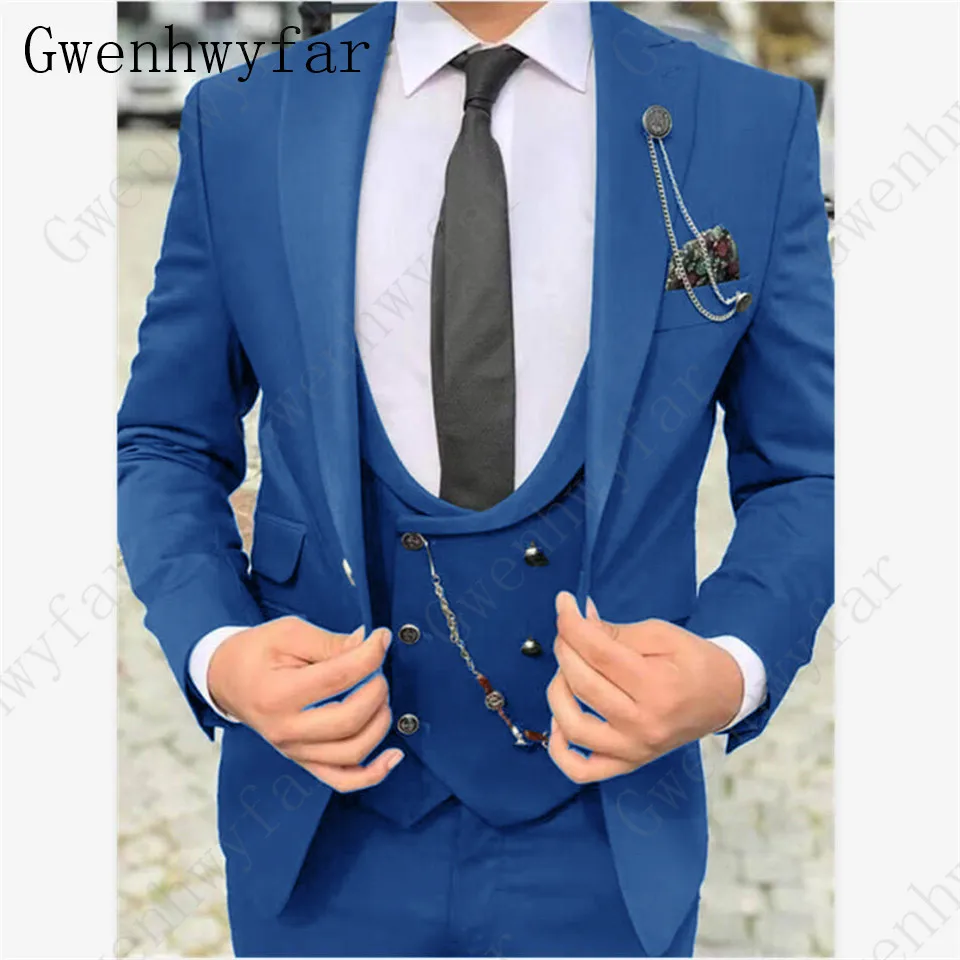 Color 10 Gwenhwyfar, классический Бирюзовый мужской костюм, официальный Свадебный костюм для мужчин, на заказ, приталенный смокинг для жениха, пиджак, брюки, жилет, костюм из 3 предметов - Цвет: Color 10