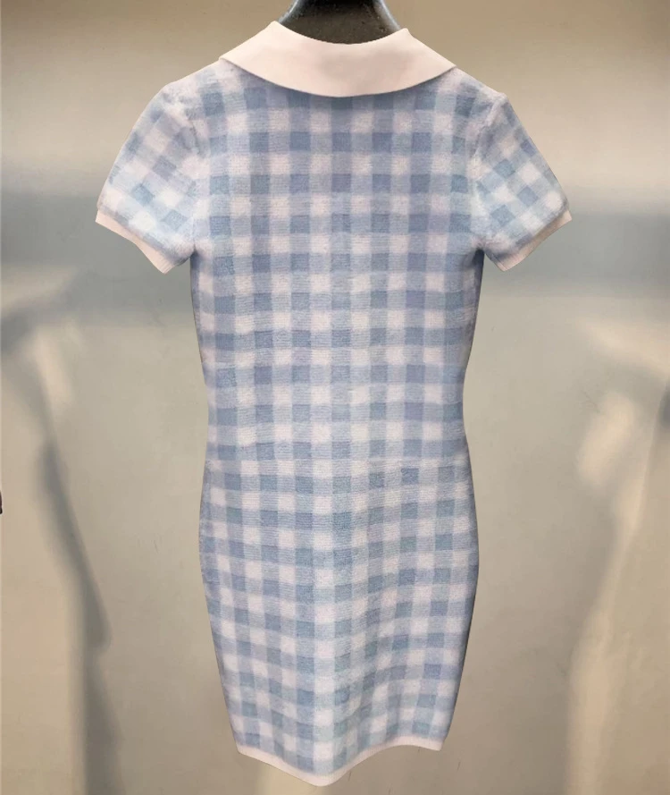 

110623 Fashion Slim Classic Letter Embroidery Design Closed Waist Lapel Short Sleeve Buttock Plaid Knitted Dress Summer New A2