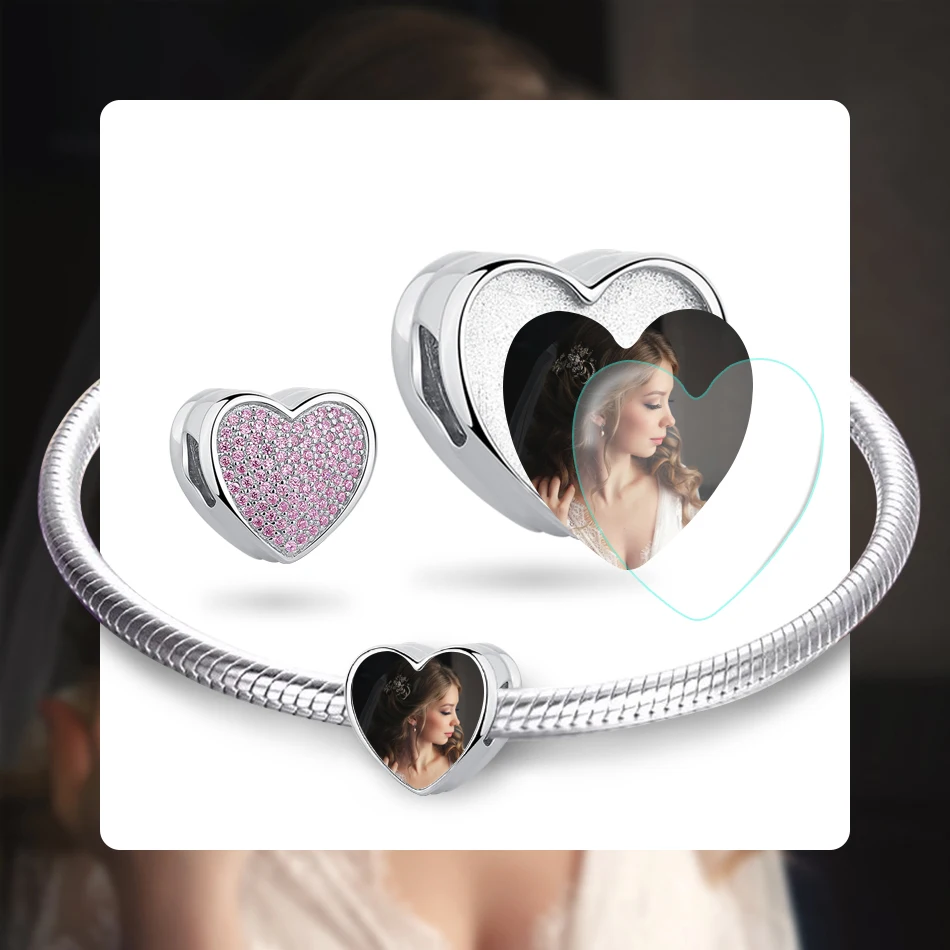 925 Sterling Silver Pink Crystal Heart Beads Charm Fit Original Bracelets Bangles DIY Personalized Custom Photo Wedding Jewelry | Украшения