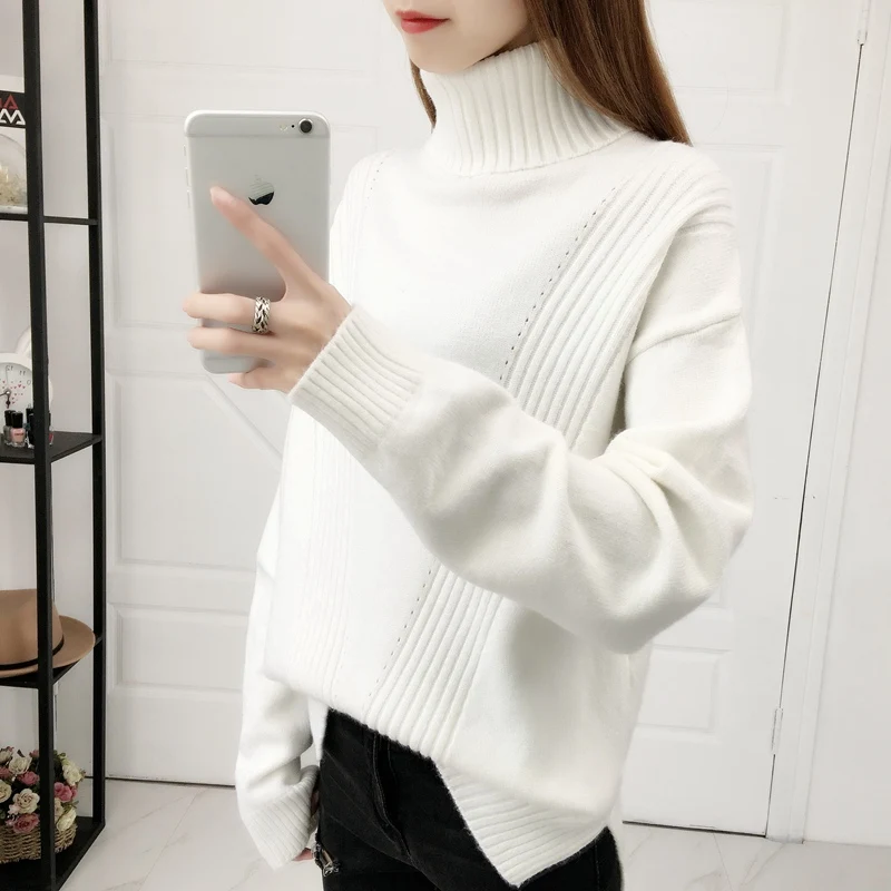 Женский Однотонный свитер с высоким воротником теплый вязаный джемпер длинными