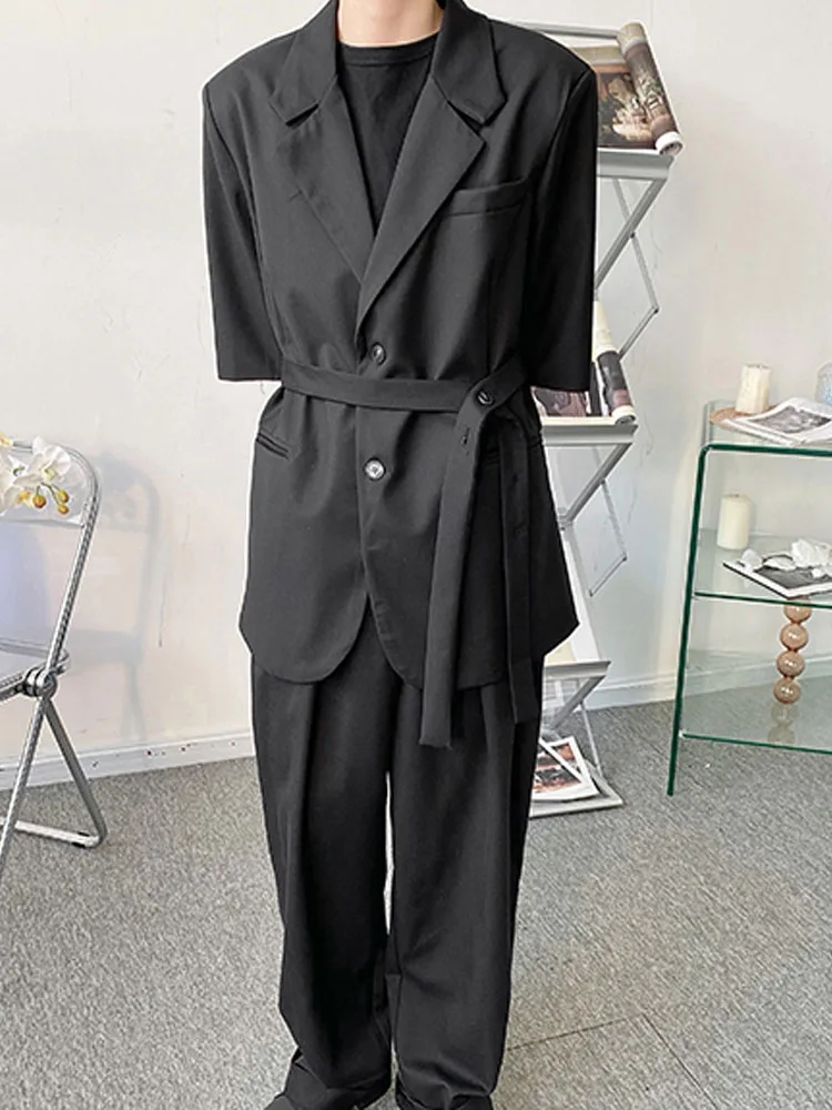 

Male Suit Jacket Men Niche Design Japan Korean Style Retro Fashion Short Sleeve Belt Loose Casual Blazer Suit Coat