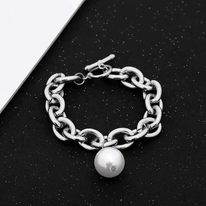 

Bohemian Imitation Pearl Pendant Bracelet Bangle Punk Heavy Thick Chain Bracelet Steampunk Women Wedding Accessories