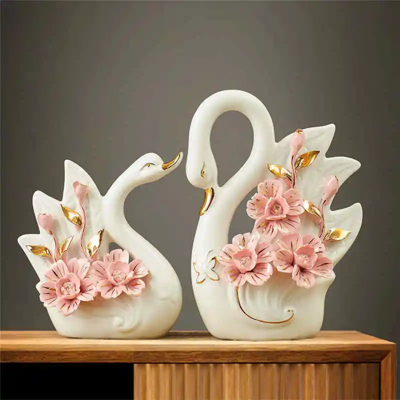 2PCS Swan Statue Pretty Creative Swan Sculpture Figurines Ceramic Crafts Art Home Decoration Accessories1 Pair Wedding Gift