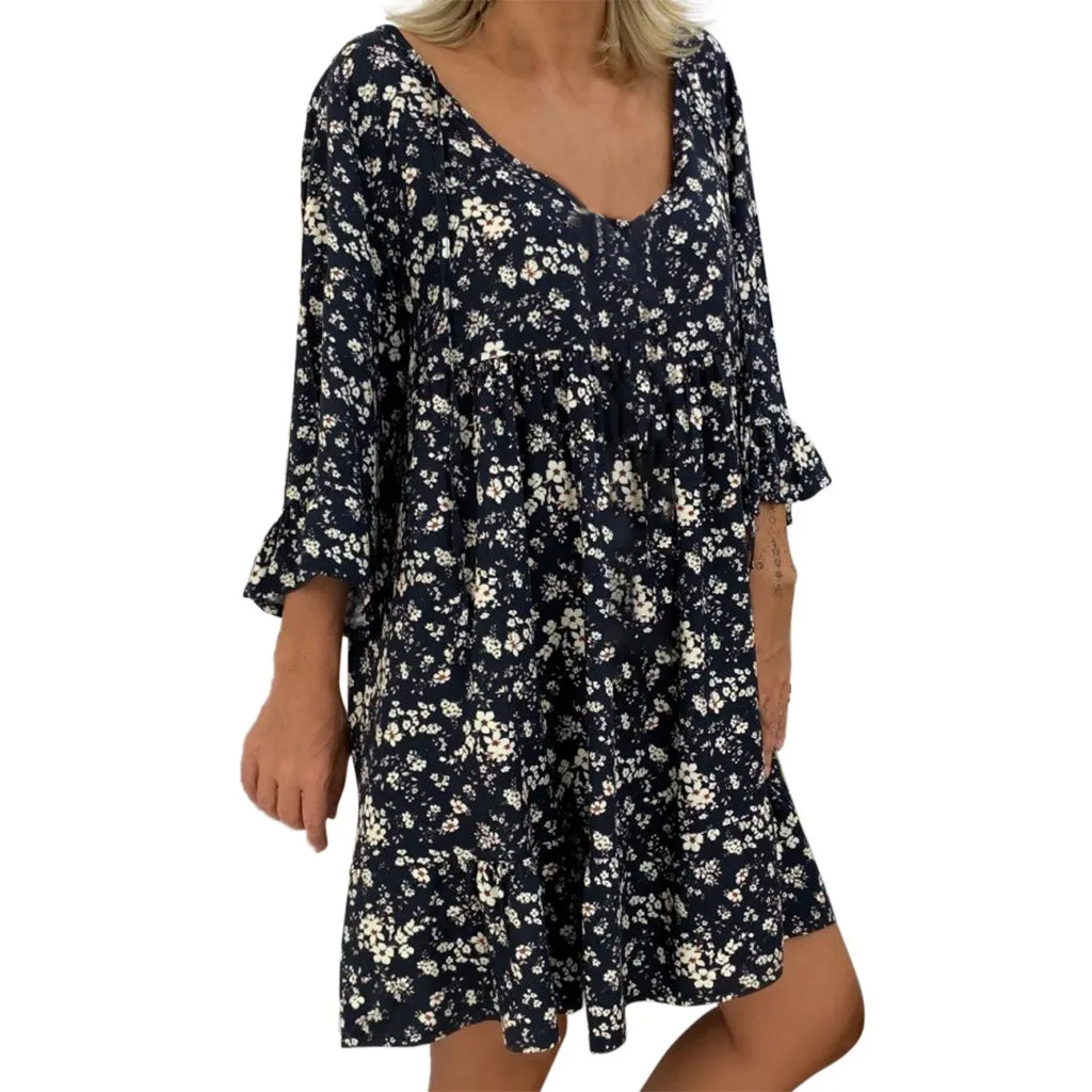 

Floral Printing Dress Women's Casual Loose Dresses Plus Size Long Sleeve V-neck Ladies Club Party Sundress Vestido Verano Mujer