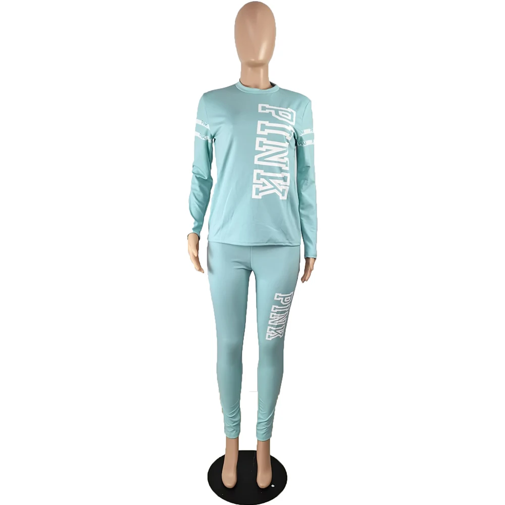 

S-XXXL Plus Size PINK Letter Printed Two Piece Outfit for Women Long Sleeve Bandage T-shirt and Workout Legging Sporty Tracksuit