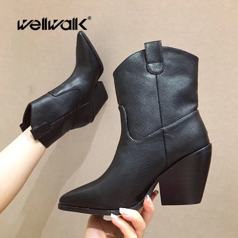 Выразительные ковбойские ботинки женская обувь на каблуке кожаные повседневные