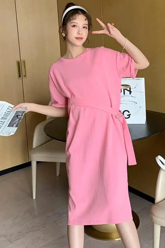 

1772# Summer Casual Pink Cotton Maternity Dress Fashion Ties Waist Slim Loose Straight Clothes for Pregnant Women Pregnancy