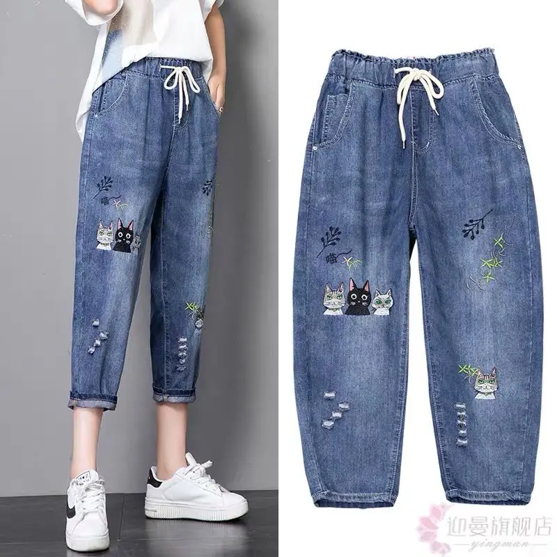 

Hole Embroidery 7 / 8 High Waist Gloria Jeans Female Summer Stretch Thin Loose Student Cloth Father Harlan Pants Plus Size New
