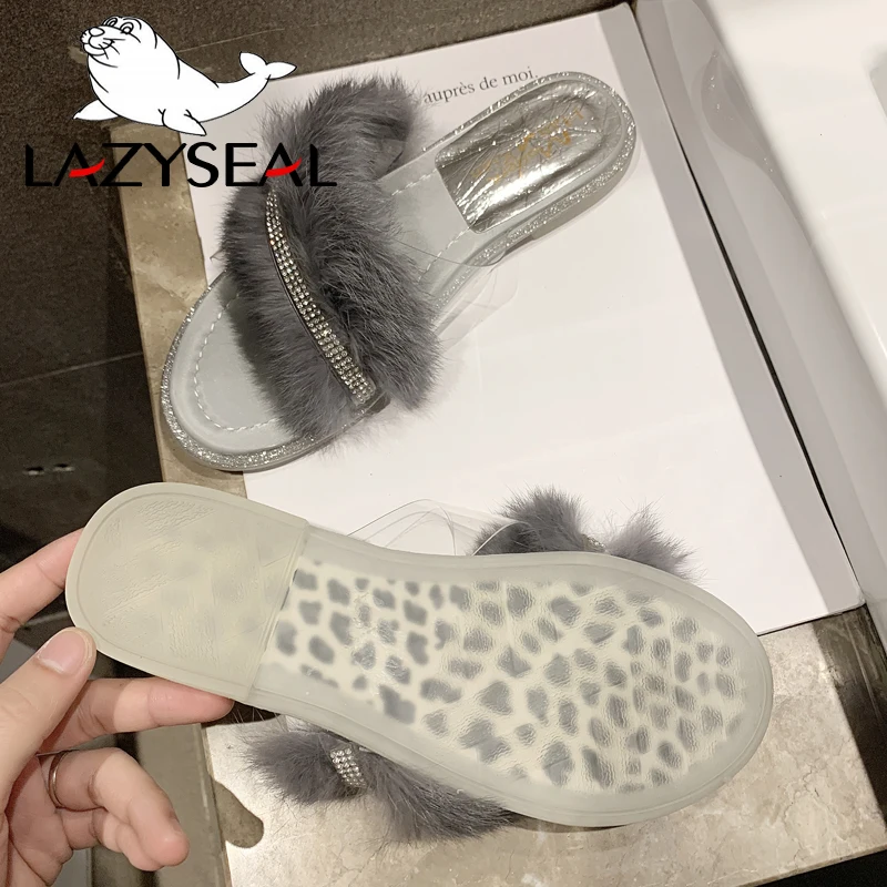 LazySeal/шикарная обувь для ювелирных изделий; женские тапочки из натурального меха; домашние теплые пушистые тапочки на плоской подошве; женские шлепанцы; вьетнамки