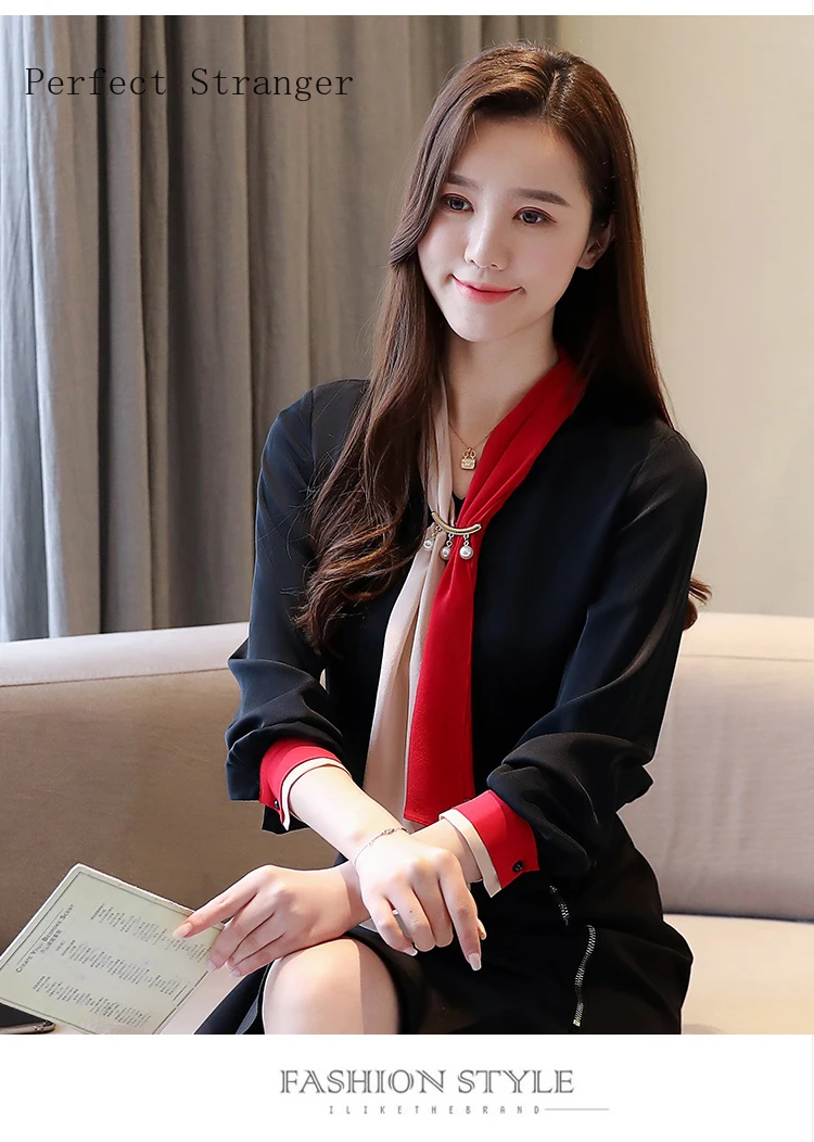 

2020 Spring New Arrival High Quality Fashion V Collar Color Block Long Sleeve Woman Chiffon Blouse