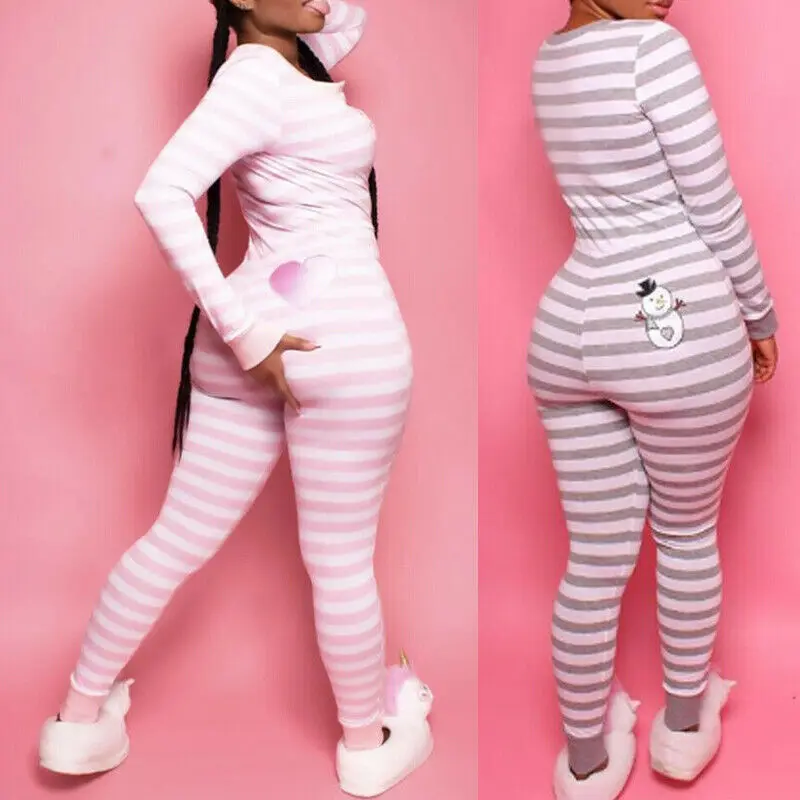 Sexy Womens One Piece Romper Long Sleeve Stripe  V-neck Bodysuit Jumpsuit Sleepwear Nightwear