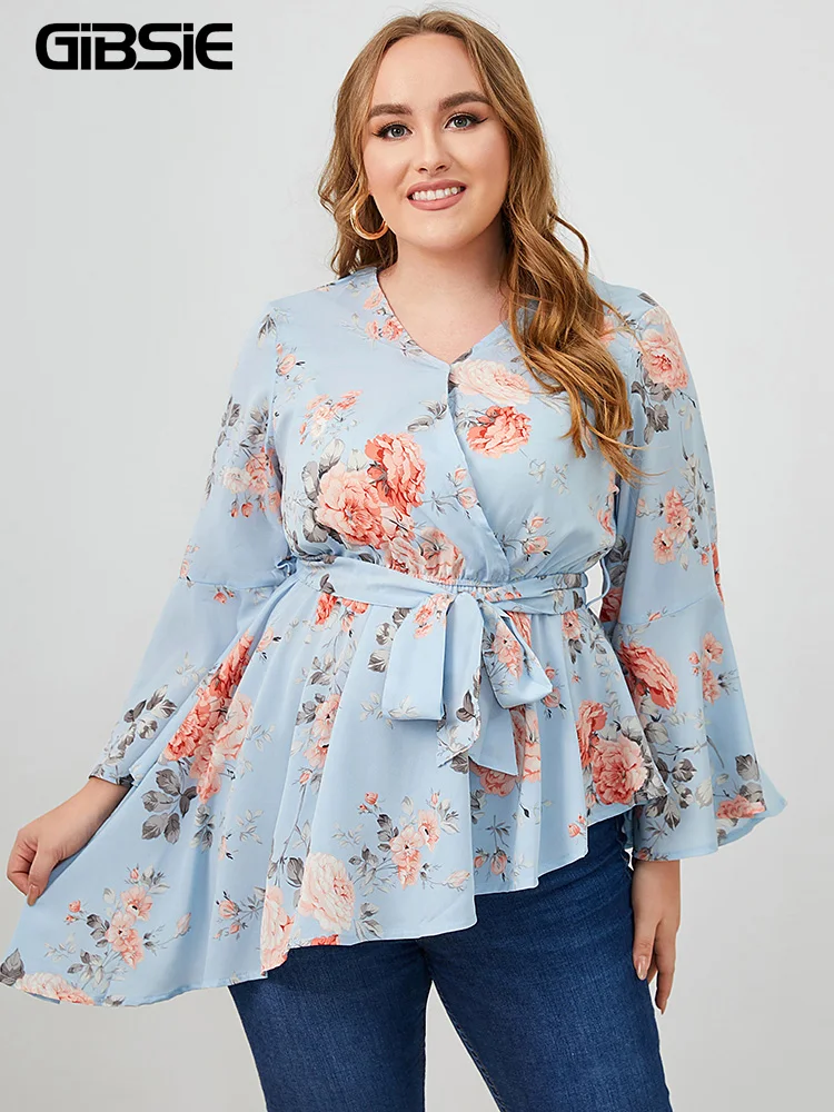 

GIBSIE Plus Size Floral Print V Neck Belted Blouse Women Spring Fall Flare Sleeve Ladies Casual Asymmetrical Ruffle Top Blouse