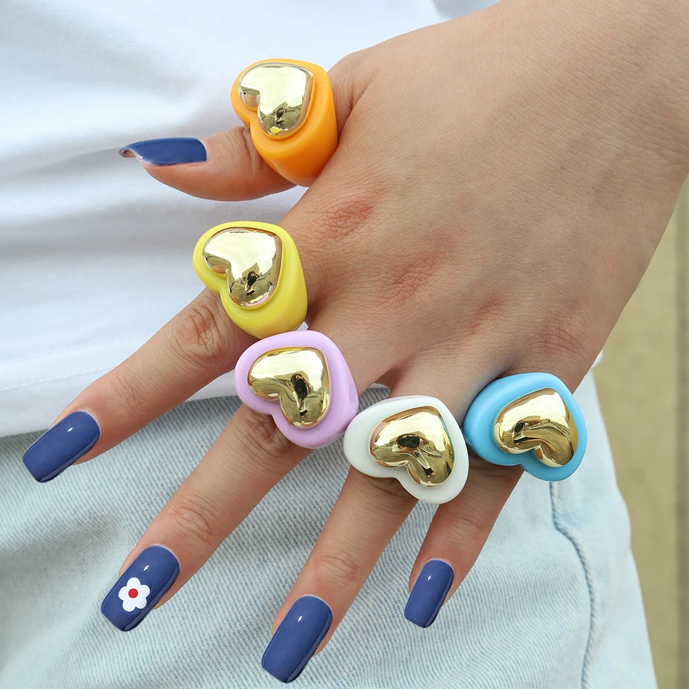 

Ghidbk Trendy Colorful Acrylic Transparent Resin Heart Ring For Women Girls Candy Color Chunky Love Resin Ring Romantic Jewelry