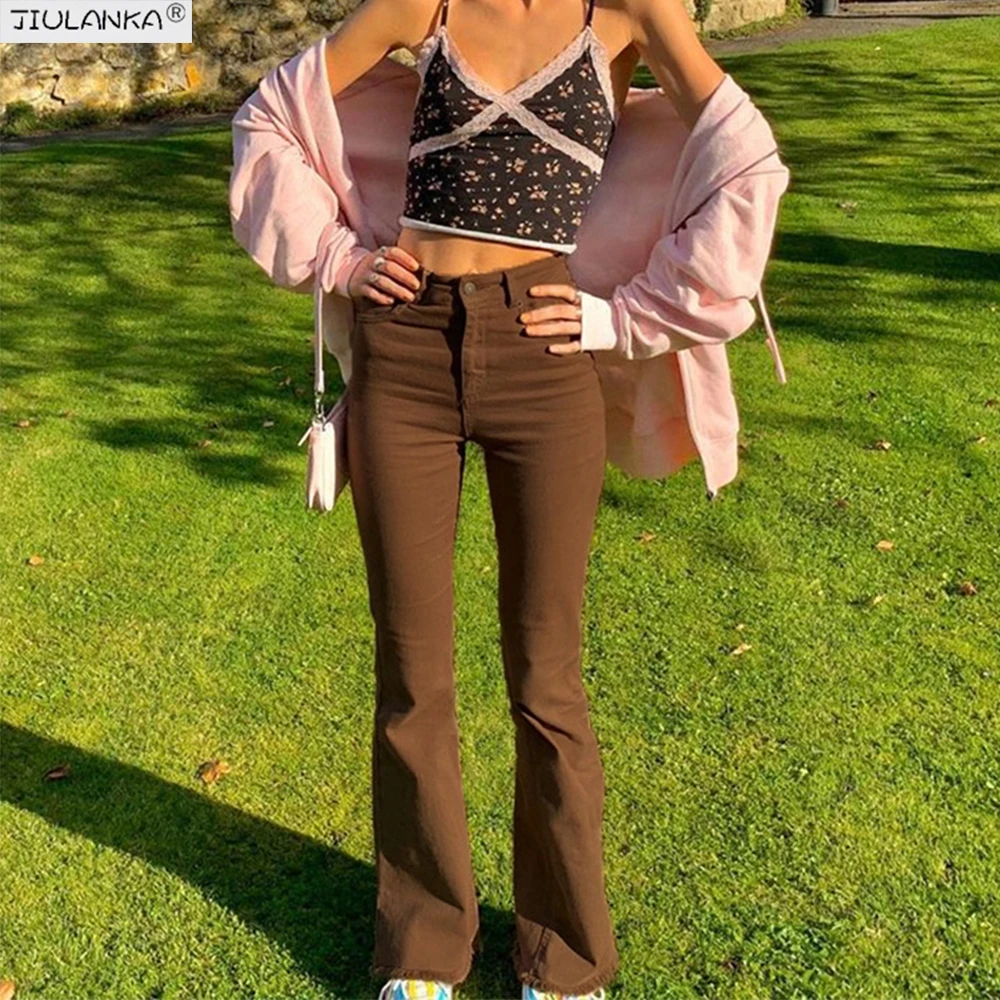 

Women's stretch Flared brown jeans woman high waist black Jeans brown Pants undefined Women's pants Jean women clothing trousers