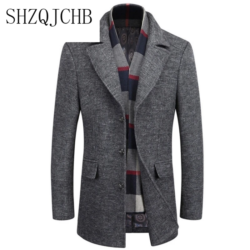 

Men New Winter Wool Coat Slim Fit Thick Wool Blends Men Long Trench Coat Fashion Grey Woolen Jacket Scarf Collar Warm Overcoat