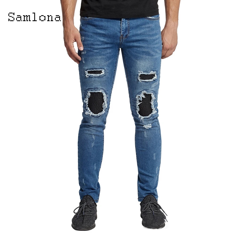 Samlona Men's Sexy Jeans Casual skinny Hole Ripped Denim Pants Fashion 2020 European and American style Punk Hip Hop Trousers